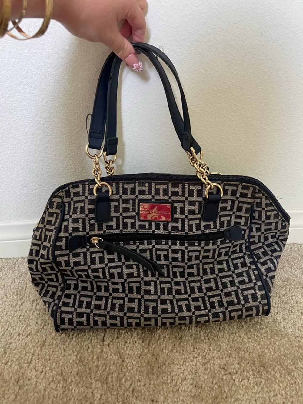 Tommy Hilfiger Black & Beige Monogram Shoulder Bag with Gold Hardware